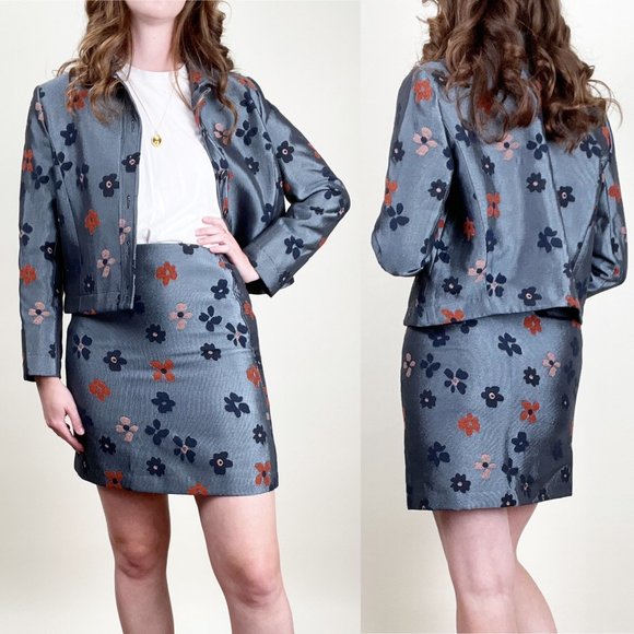 Vintage Flower Power Mini Skirt Jacket Set Coordinating Matching Floral Suit - Picture 1 of 5